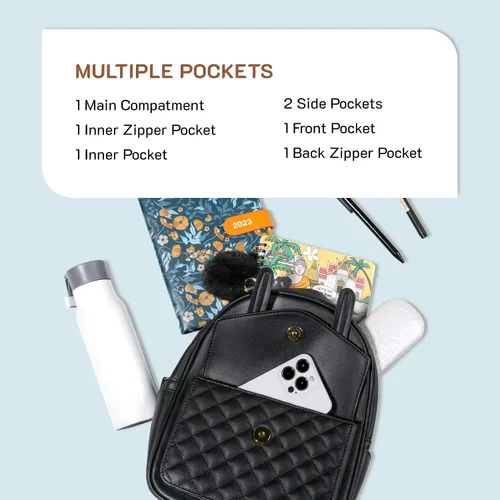 Vista 2 de Missnine Mini mochila para mujer, bonita mochila pequeña con pompón, de piel sintética, mini mochilas casuales para damas, 1-negro, Casual Chic