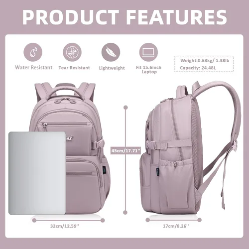 Vista 2 de ASKSKY Mochila para la escuela, mochila ligera para niños y niñas, mochila escolar para adolescentes, para hombres y mujeres, Púrpura, gris