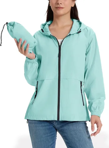 Vista 10 de Chaqueta ligera de lluvia para mujer, impermeable y transpirable, chaqueta con capucha plegable, cortavientos con capucha Beige
