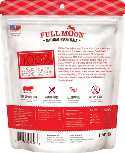 Vista 2 de Delicias para perros Full Moon, totalmente natural, de grado humano, palitos sabrosos de ternera esenciales, 14 onzas