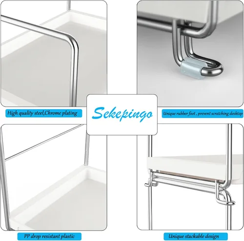 Vista 7 de Estante de especias de cocina de 2 niveles, organizador de encimera de baño, bandeja de tocador, almacenamiento de cosméticos y maquillaje, estante
