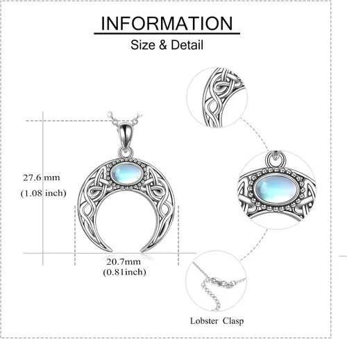 Vista 6 de ONEFINITY Collar de piedra lunar, cruz de plata esterlinadrgaonhongoluna crecientepentagramatalismán, collar con colgante de nudo celta, regalos