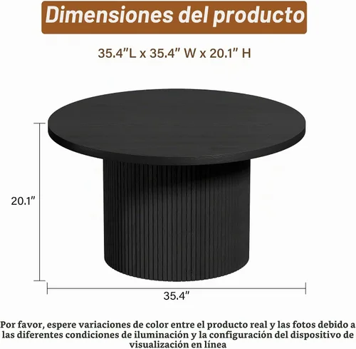 Vista 2 de Furniway Mesa de centro redonda, mesa de centro circular de 35.4 pulgadas de ancho, mesa de madera y mesa central para sala de estar, color negro