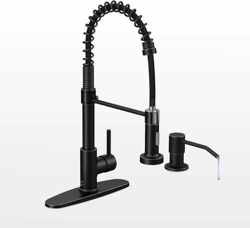 Vista 13 de Llave de cocina negra con luz LED, llave de cocina con dispensador de jabón, llave para fregadero de cocina, llave de cocina de acero inoxidable