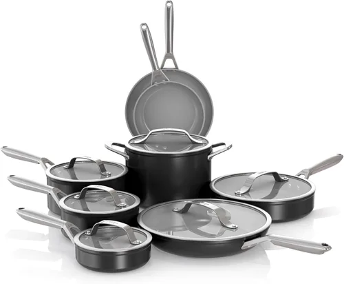 Vista 20 de Juego de ollas y sartenes Ninja antiadherentes Juego de utensilios de cocina de cerámica premium de vida extendida 9 piezas antiadherentes Gris