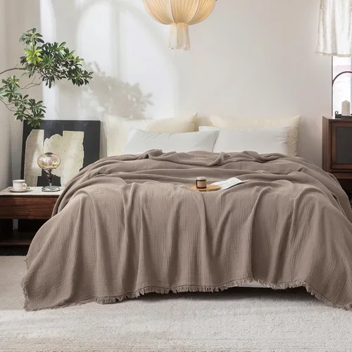 Vista 11 de FOSSA Manta de Muselina con Flecos - Gasa de Algodón 100% de 4 Capas Súper Suave y Transpirable - Manta Decorativa Ligera y Refrescante para Cama