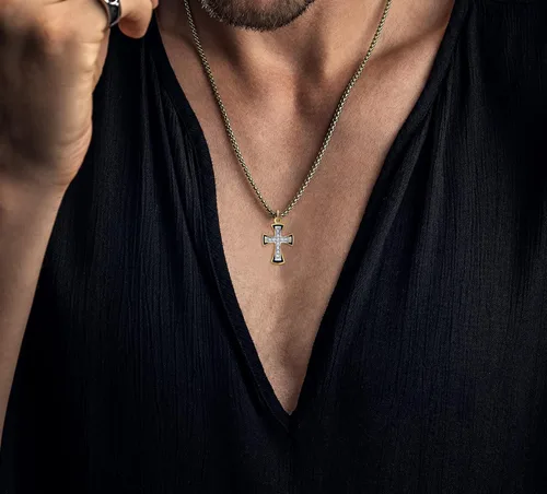 Vista 4 de Collar con colgante de cruz de diamante en oro macizo de 14 quilates, pequeño, collar de cruz de oro para hombres y mujeres, fabricado en Estados