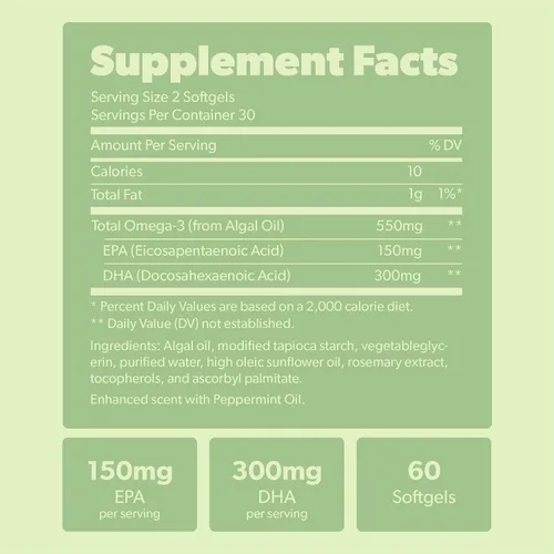 Vista 7 de Suplemento de Omega 3 vegano - Ácidos grasos DHA y EPA de base vegetal - Sin carragenina, alternativa al aceite de pescado, apoya la salud