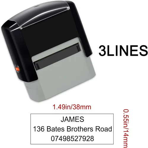 Vista 3 de Sello personalizado de 1.496 x 0.551 in, sellos de goma para dirección comercial autoentintados hasta 3 líneas, 4 opciones de color y fuente