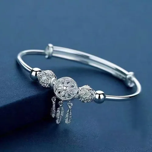 Vista 3 de Pulsera de plata de ley 925 hecha a mano vintage con atrapasueños, pulsera ajustable tallada para regalo para mujeres en cumpleaños, aniversarios