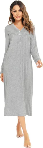 Vista 3 de Vlazom Camisones para mujer, cómodo, cálido, de manga larga, suave, con botones, con bolsillos, talla XXL