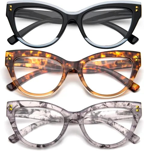 Vista 2 de Gafas de lectura de ojo de gato, bloqueo de luz azul, paquete de 3 gafas de computadora de moda con bisagra de resorte