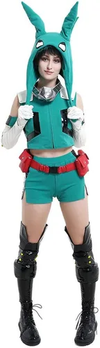 Vista 2 de miccostumes Ropa deportiva de lucha para mujer, diseño de anime héroe, con sombrero de felpa, orejas móviles, cubre piernas, accesorio para el cuello