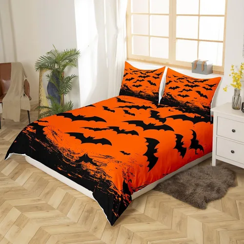 Vista 2 de Funda de edredón con diseño de murciélago, juego de ropa de cama de murciélago negro y naranja, funda de edredón temática de Halloween