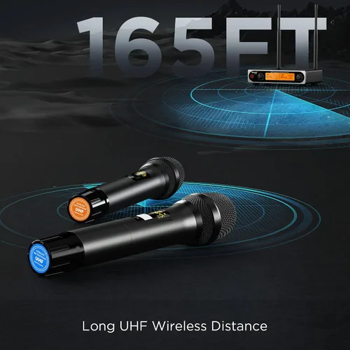 Vista 4 de Bietrun - Sistema de micrófono inalámbrico XLR, rango de 165 pies, micrófono de mano dinámico de metal dual UHF profesional inalámbrico con cable