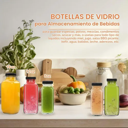Vista 6 de NEWMIAO 3 paquete de 8 onzas Botellas de jugo de vidrio con tapas, 250 ml Botellas de agua de vidrio reutilizables, recipientes de bebida vacíos