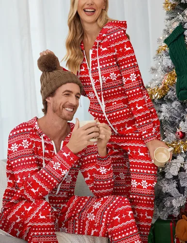 Vista 4 de Ekouaer Pijamas a juego para parejas con cremallera y capucha para adultos con bolsillos S-XXL