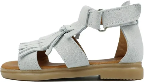 Vista 2 de Muy Guay Sandalias de cuero genuino para niñas pequeñas, sandalias de borlas blancas para verano, zapatos planos para caminar con suela de goma
