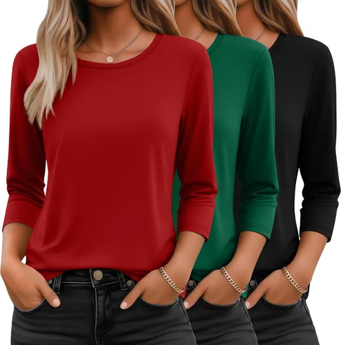 Vista 20 de Ficerd Paquete de 3 camisetas de manga 3/4 para mujer, cuello redondo, camisetas básicas elegantes, casuales, modernas, holgadas