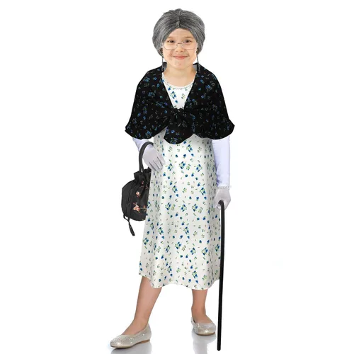 Vista 6 de Yingzhao 20 piezas de disfraz de anciana de Halloween para abuela, peluca de abuelita, vestido de tatuajes antiarrugas con rodillos, gafas de caña