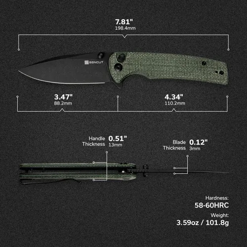 Vista 2 de SENCUT Cuchillo de bolsillo plegable Sachse para EDC, mango de madera Micarta verde, hoja de 9Cr18MoV, cuchillo plegable con clip, bloqueo de botón