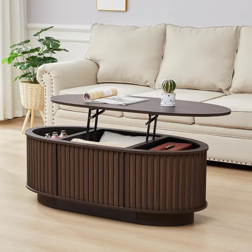 Vista 12 de Mesa auxiliar ovalada para sala de estar, mesas de centro de granja de 43.3 pulgadas con almacenamiento, mesa central de madera de 2 niveles