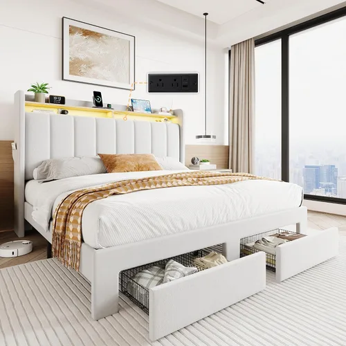 Vista 16 de SHA CERLIN Base de cama de plataforma de tamaño matrimonial con cabecera de canal vertical copetuda y 2 cajones de almacenamiento, estantes de 2