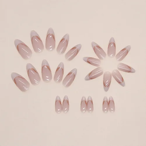 Vista 4 de MISUD Uñas a presión – Uñas con pegamento de almendras medianas con cromo, diseño de punta francesa acrílica, 24 piezas