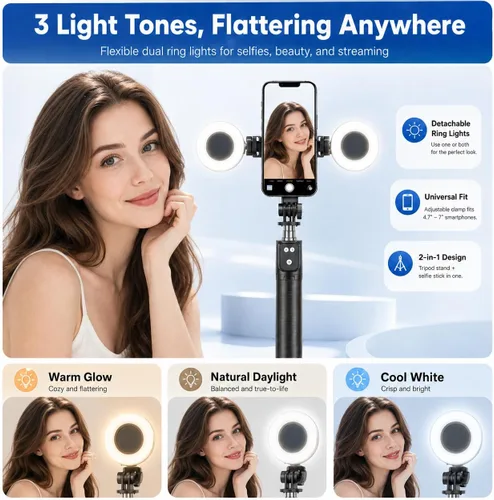 Vista 3 de Trípode negro para iPhone con luz, soporte de luz de anillo para iPhone, soporte ajustable para selfie stick con luz de relleno, trípode extensible