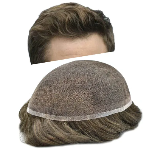 Vista 27 de Sistema de cabello para hombre, encaje francés suave, pieza de cabello humano real, nudos blanqueados, cabello frontal, tupé para hombres