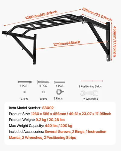Vista 7 de VEVOR Pull Up Bar, Multi-Grip Wall Mounted Pull Ups, 50 in Width Multifunctional Chin Up Training Station, Heavy Duty Steel Upper Body Workout Bars