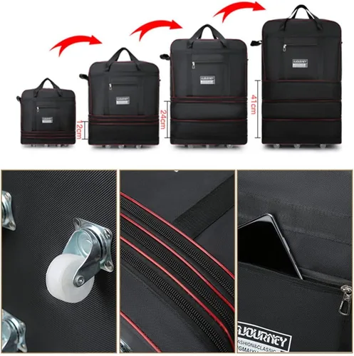 Vista 3 de Bolsa de viaje Oxford expandible extra grande con ruedas, impermeable, ligera, plegable, maleta, Azul, Equipaje extensible central rígido con ruedas