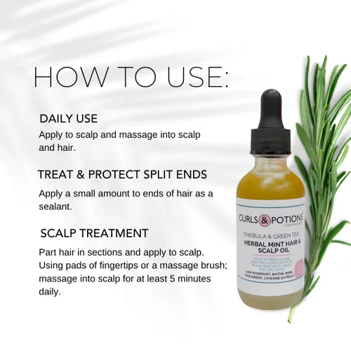Vista 2 de Curls & Potions Aceite de menta de hierbas para el cabello y el cuero cabelludo con chebula y té verde con biotina, MSM, aceite para el crecimiento