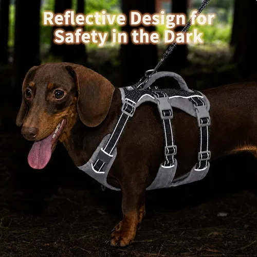 Vista 3 de Arnés reflectante para perros Huntboo con mango, a prueba de escapes, antideslizante, transpirable, ligero, arnés ajustable para perros pequeños