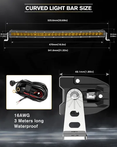 Vista 6 de CO LIGHT - Barra de luz LED curvada de 20 pulgadas, diseño delgado de fila única de 9720 lm, luz amarilla antiniebla para todoterreno, ATV, camión