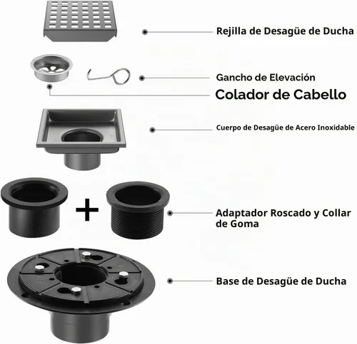 Vista 2 de Desagüe de ducha, desagüe de piso cuadrado cromado de 4 pulgadas con brida, panel de rejilla extraíble plateado de acero inoxidable SUS 304, desagüe