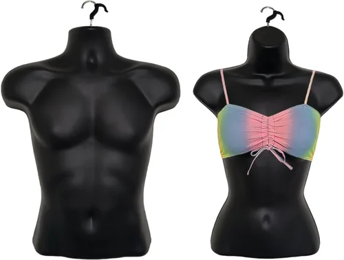 Vista 6 de Maniquí de torso masculino y femenino con soporte de metal, cuerpo con respaldo hueco, apilable, forma de vestido para exhibición de camisetas Negro