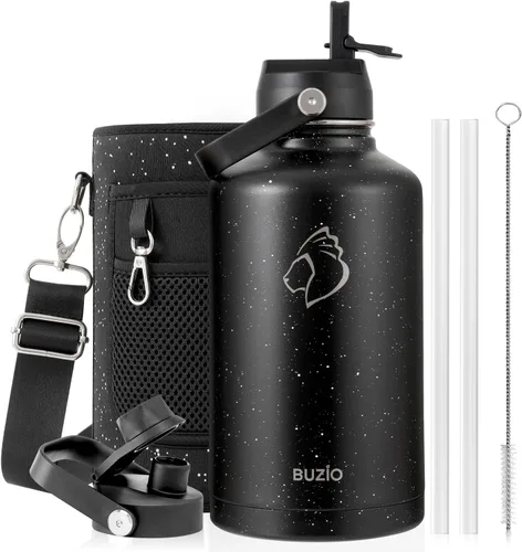 Vista 12 de BUZIO Botella de agua aislada de 24 oz, frasco de agua de boca ancha de acero inoxidable con tapa de pajita, frío durante 48 horas a prueba de Negro