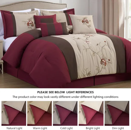 Vista 5 de Chezmoi Collection Vienna - Juego de edredón floral bordado de 7 piezas (tamaño matrimonial, marrón burdeos)