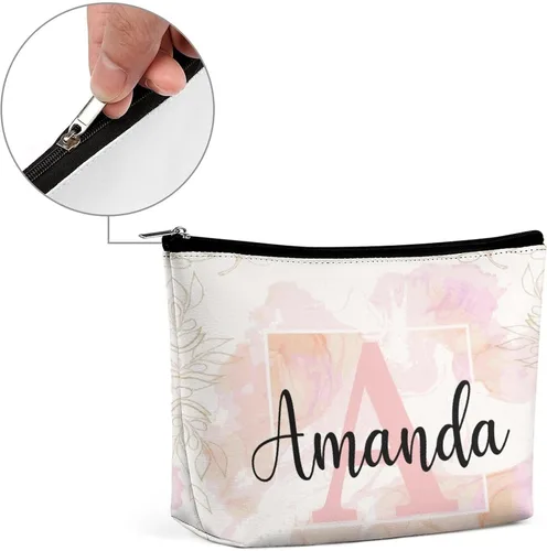 Vista 3 de Bolsa de maquillaje personalizada del alfabeto A-Z, con monograma floral, bolsa de cosméticos con nombre personalizado, bolsa de maquillaje pequeña