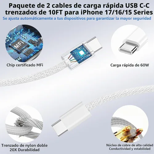 Vista 3 de Paquete de 2 cargadores rápidos para iPhone 17/16/15, adaptador dinámico Apple USB C de 40W con cable tejido de carga rápida tipo C-C de 60W máximo