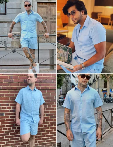 Vista 2 de COOFANDY Men 2 Piece Linen Set Casual Short Sleeve Shirt and Short Beach Set