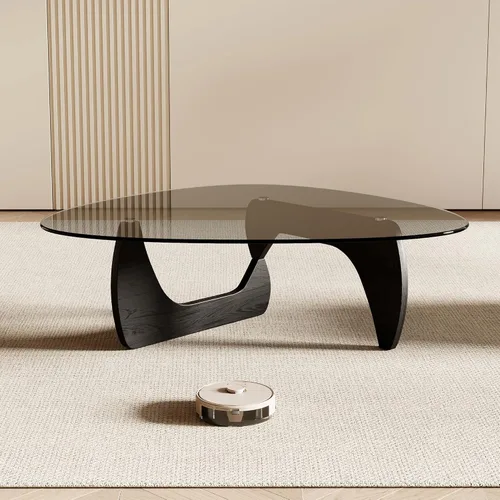 Vista 5 de Honyee Morden Mesa de centro, 42.5 x 28.5 x 16.1 pulgadas, parte superior triangular de vidrio templado para sala de estar, color: negro