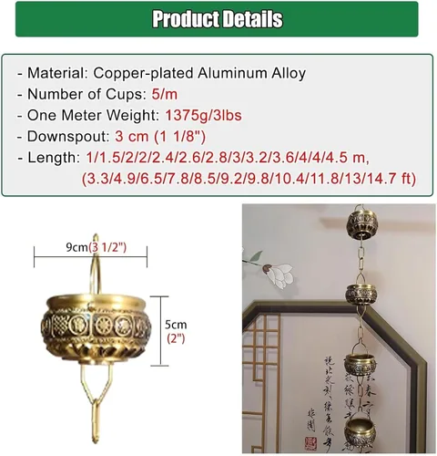 Vista 2 de Rain Chains,Rain Catcher Chain, Hanging Rain Chain Aluminum, Decorative Water Catcher Copper-Plated Cup, Heavy Rain Water Chain,B-1m/33 ft