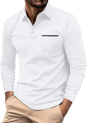 Vista 30 de Polo de manga larga para hombre, diseño casual de algodón con bolsillo, cuello clásico con botón para golf
