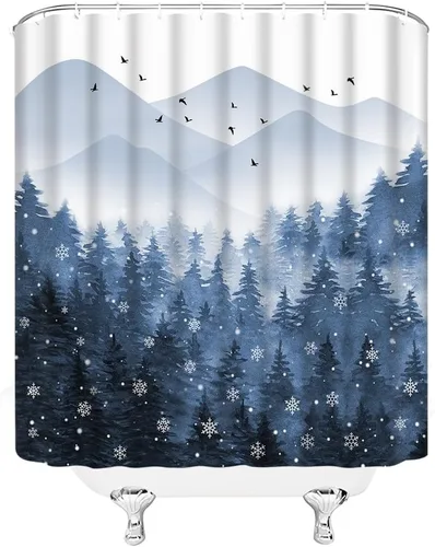 Vista 3 de Cortina de ducha de bosque brumoso, pino, copo de nieve, acuarela, abstracto, niebla, montaña, planta azul, rústico, misterioso, naturaleza