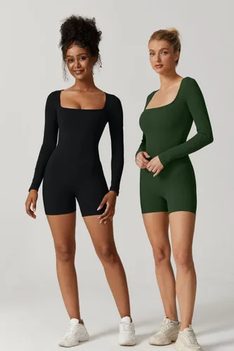Vista 5 de Meyeeka Women's Sexy Square Neck Romper Seamless Long Sleeve Stretch Short Jumpsuits