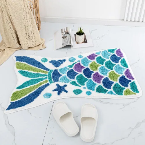 Vista 6 de Bonita alfombra de baño de sirena, divertida alfombra de baño con forma de cola de pez océano azul, escamas de sirena, para baño, antideslizante