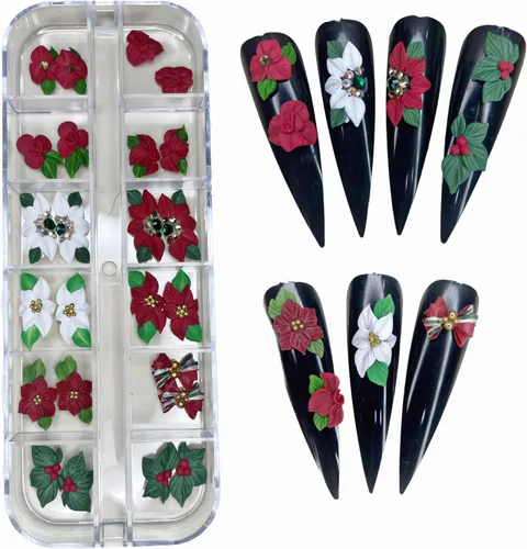 Vista 6 de Abalorios de uñas de flores en 3D de acrílico otoño, hechos a mano con polvo acrílico - Kit de 24 piezas de flores, diamantes de imitación