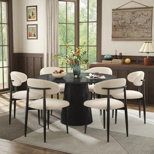 Vista 13 de Black Round Dining Table Set for 4, 47 In Kitchen Table with 4 Fabric Chair Farmhouse Circle Dinner Table with Heavy Duty Pedestal, Beige